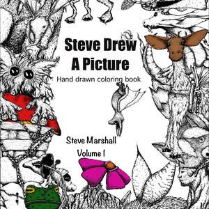 Può includere: Copertina di un libro da colorare disegnata a mano in bianco e nero intitolata "Steve Drew A Picture" con il sottotitolo "Hand drawn coloring book" e "Steve Marshall Volume 1". La copertina presenta varie creature fantastiche.
