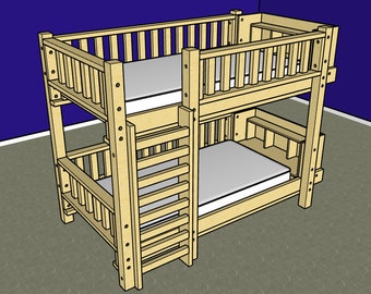 Puede incluir: Una litera de madera con una escalera en el lateral. La cama está hecha de madera natural y tiene un colchón blanco en la litera inferior.