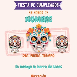 Digitale uitnodiging Dag van de Doden Dia de los Muertos om te downloaden of af te drukken, Engels of Spaans