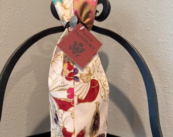 Floral Suede Wine Gift Bag with Passport Tag: Regiftable Keepsake