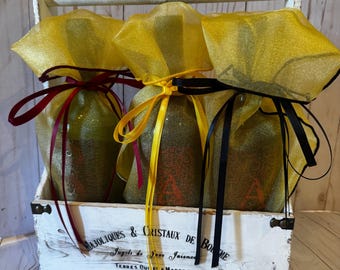 Gold Organza Wine Gift Bags - Burgundy, Black & Gold Ribbon, Set of 3