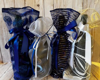 Embroidered Organza Wine Gift Bags – Blue & White, Set of 4