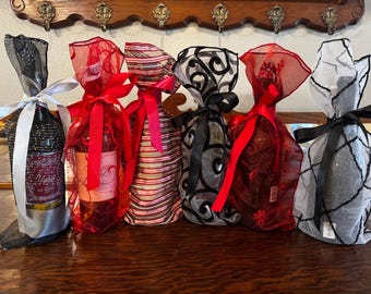 Valentines Themed Embroidered Organza Wine Gift Bags - Red, Black & White, Set of 6
