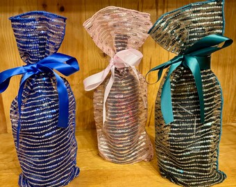 Sequin Stripe Sheer Wine Gift Bags - Set of 3 - Royal, Rose, Forest Green
