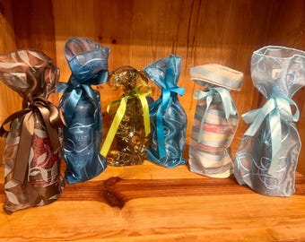 Embroidered Organza Wine Gift Bags - Jade, Turquoise, Aqua - Set of 6