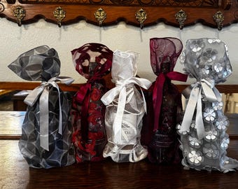 Embroidered Organza Wine Gift Bags - Burgundy, Black, Silver - Set of 5