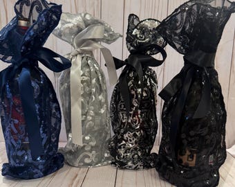 Sequin Sheer Wine Gift Bags - Set of 4 - Elegant Holiday Colors