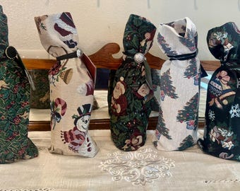 Holiday Tapestry Wine Gift Bags - Set of 5 - Santa, Snowman & Christmas Tree