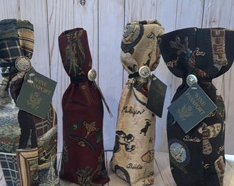 Golf Themed Wine Gift Bags: Tapestry Conversational Design, Set of 4