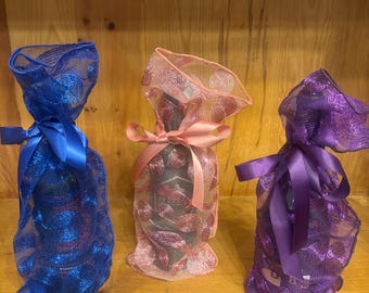 Embroidered Sheer Wine Gift Bags - Sequined Metallic Design, Set of 3