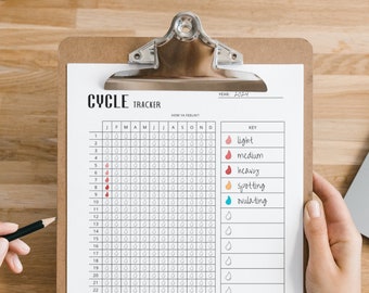 May include: A clipboard with a white "Cycle Tracker" chart for 2024. The chart has a key for tracking menstrual cycle symptoms, including light, medium, heavy, spotting, and ovulating. A pencil rests on the wooden surface.