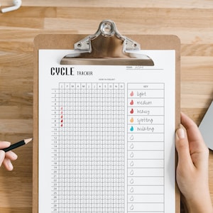 Puede incluir: Un portapapeles con una tabla blanca "Cycle Tracker" para 2024. La tabla tiene una clave para rastrear los síntomas del ciclo menstrual, incluyendo ligero, medio, abundante, manchado y ovulación. Un lápiz descansa sobre la superficie de madera.