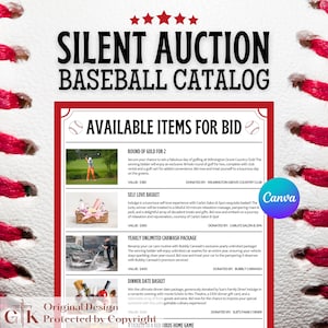 Peut inclure: Catalogue de vente aux enchères silencieuse sur le thème du baseball, en rouge et blanc. Il présente des articles à vendre, tels qu'une partie de golf pour deux, un panier bien-être, un forfait de lavage de voiture annuel illimité et un panier dîner. Le texte "Silent Auction Baseball Catalog" est en haut.