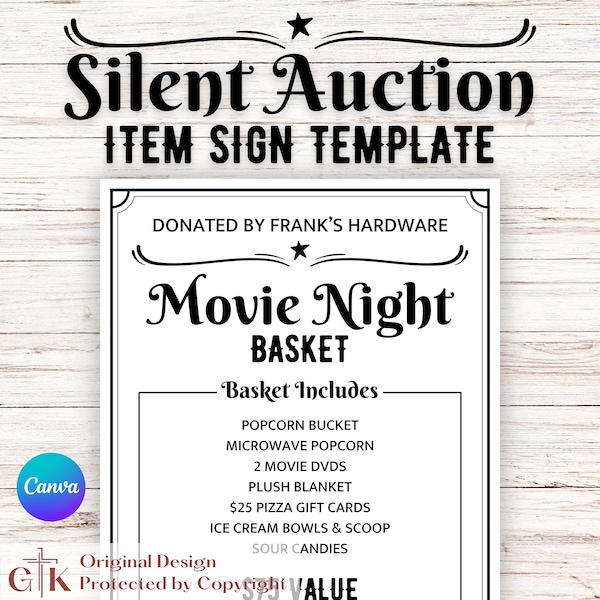 Silent Auction Item Sign Template | Auction Item Template | Silent Auction Sheet | Auction Item Template | Silent Auction Edit | Item Sheet