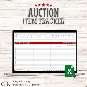 May include: A screenshot of a spreadsheet titled "Silent Auction Item Tracker" with columns for item name, donated by, contact, value, item received, what's included, and item restrictions. The spreadsheet is for Tanner High School 10/ and includes a download button.