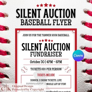 Op de afbeelding: Honkbal-thema flyer voor een stille veiling. De flyer bevat de tekst "SILENT AUCTION BASEBALL FLYER" en "SILENT AUCTION FUNDRAISER". Het bevat details voor het evenement, zoals de datum, tijd en ticketinformatie.