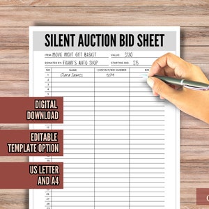 Silent Auction Bid Sheet | Silent Auction Sheet | Auction Template | Auction Item Template | Auction Sheets | Auction Templates Printable