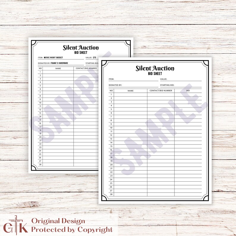 Silent Auction Editable Forms Bundle Silent Auction Bid Sheet