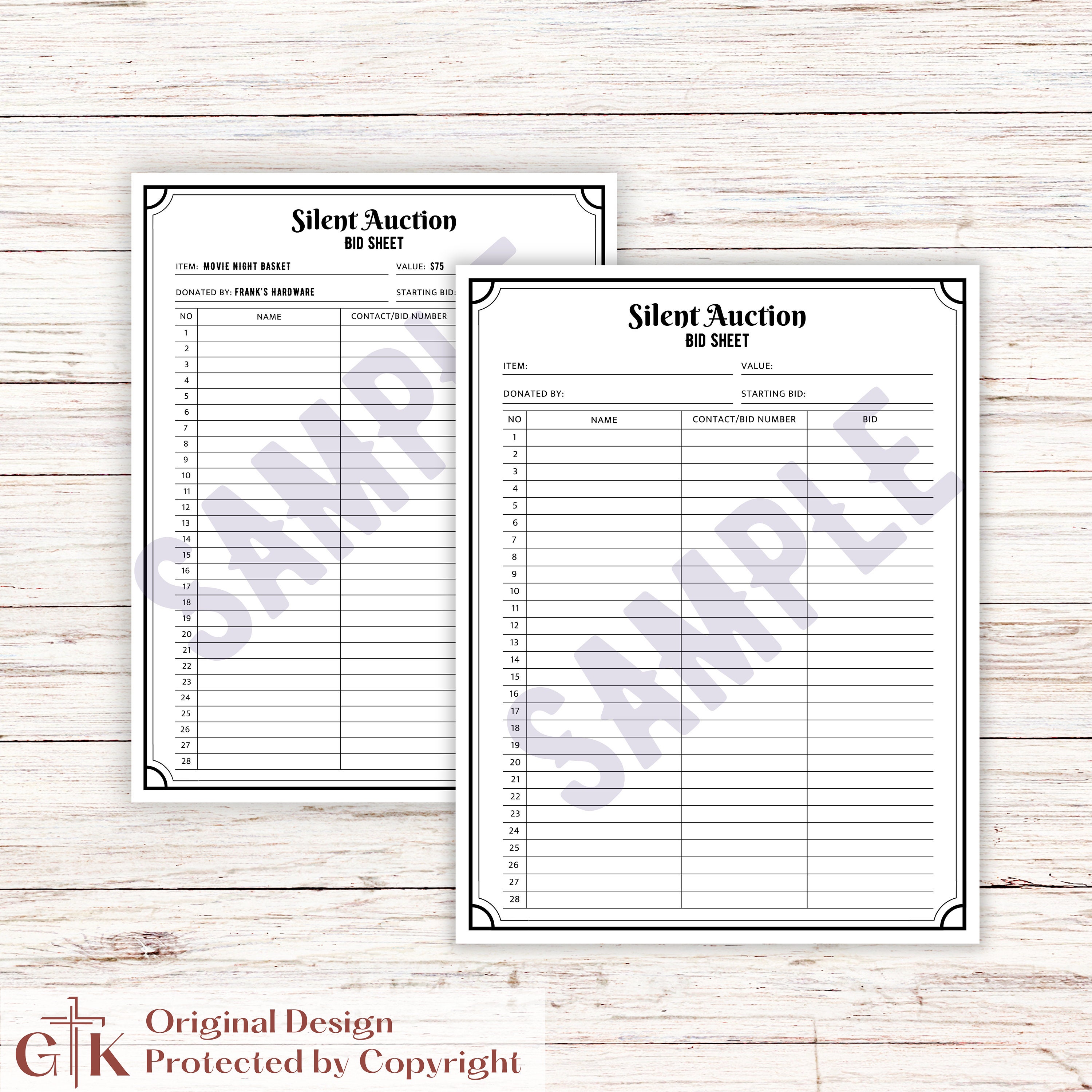 Silent Auction Bid Sheet | Silent Auction Sheet | Auction Bid Cards ...