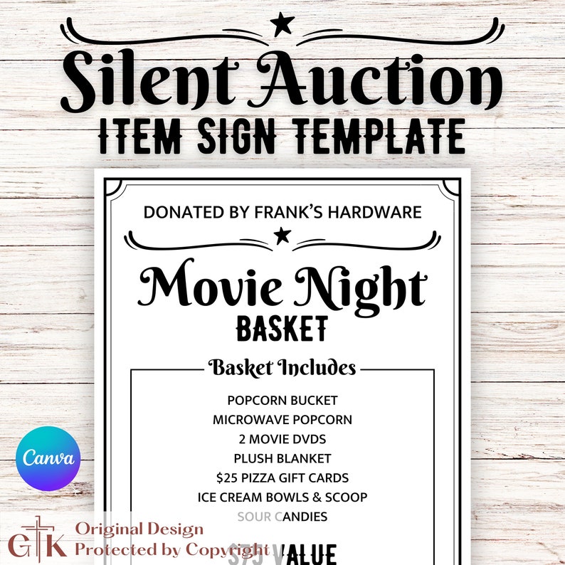 Silent Auction Item Sign Template | Auction Item Template | Silent Auction Sheet | Auction Item ...