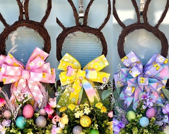 Easter Wreath, Spring Wreath, Bunny wreath, Easter Bunny Door Hanger, Pastel Easter egg wreath, Easter decoration, Tulip and lavender wreath