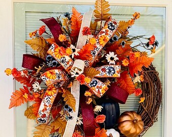 Fall Wreath for Front Door, Thanksgiving Grapevine Wreath, Autumn Pumpkin Wreath, Orange Burgundy Leaf Decor, Rustic Fall Decor