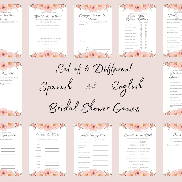 Rosa Aquarell Blumen Spanisch und Englisch Brautparty Spiele Set, Despedida de Soltera Bachelorette Spiele Set, Instant Download