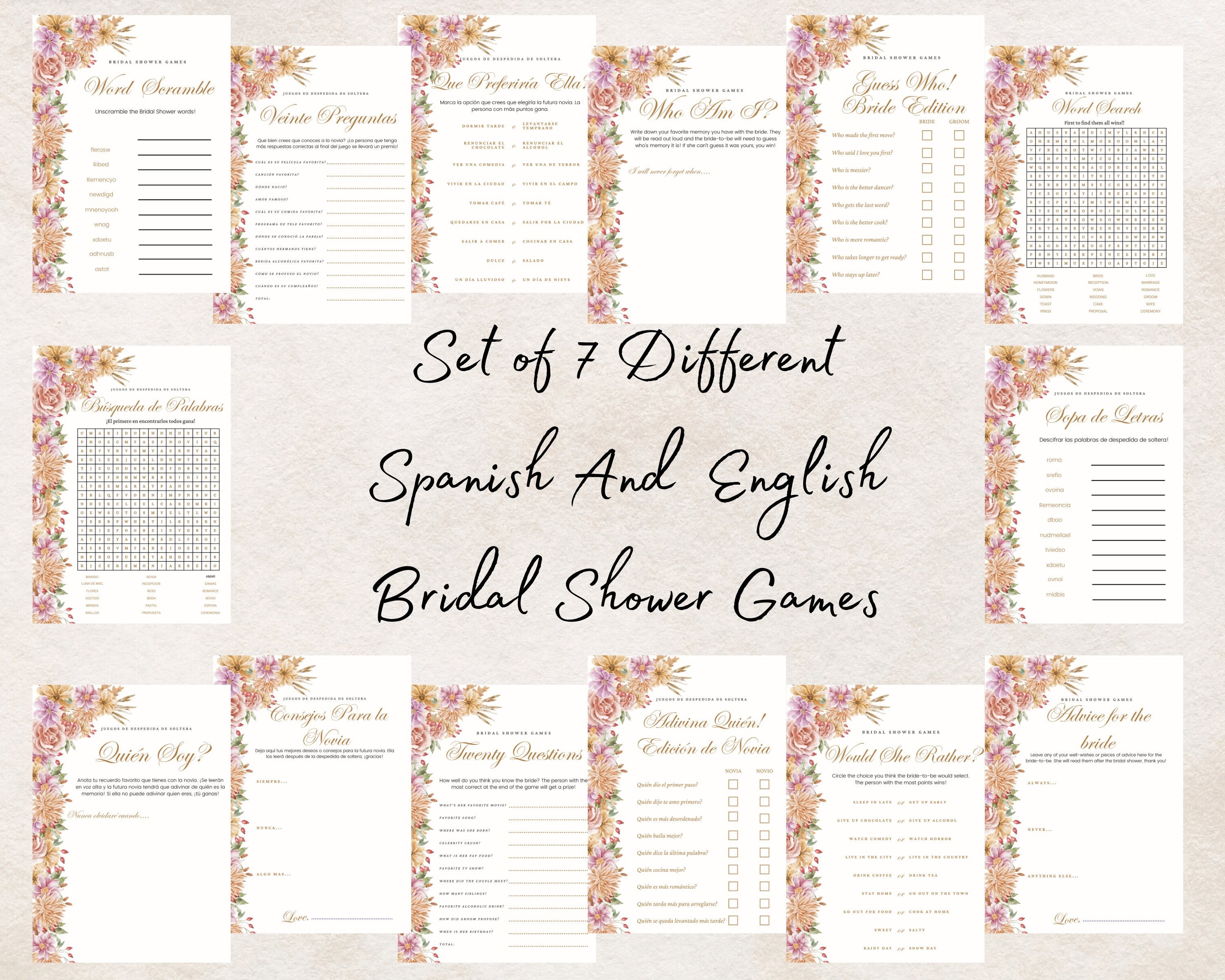 Guess Who game, Spanish and English, Bridal shower games, Printable PDF,  G350