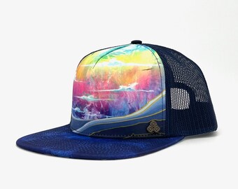 Horizon Rainbow Trucker Hat | Sustainable Graphic Print Artwork | 5-Panel Low-Profile Cap with Flat Brim | Made from Eco-Friendly Materials