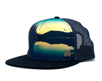 Horizon Juniper Trucker Hat | Sustainable Graphic Print Artwork | Eco-Friendly Materials | 5-Panel Low Profile Cap with Flat Brim