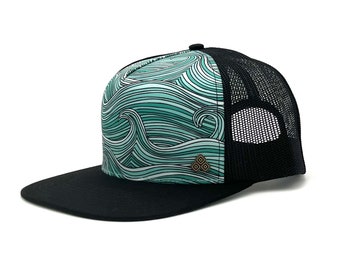 Waves Trucker Hat for Men and Women | Eco-Friendly Graphic Print | 5 Panel Low Profile Flat Brim | Sustainably Made from Recycled Materials