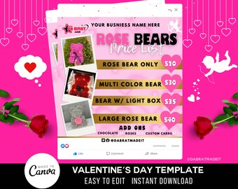 Rose Bear Flyer, Flower Bear, Rose Bear, Valentines Day Flyer, Editable template, DIY Flyer, February Bookings Flyer, Gifts for her, Sale