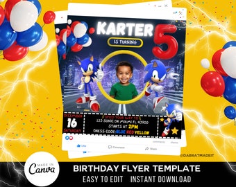 Modèle d'anniversaire Sonic, Sonic le hérisson, invitation anniversaire enfants, invitation numérique fête Sonic, fête d'enfants, impression d'invitation anniversaire Sonic