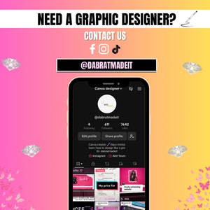May include: A screenshot of a Canva profile page for the user @dabratmadeit. The profile has 4 followers, 611 followers, and 7642 likes. The profile includes a call to action to learn how to design like a pro on Instagram. The profile also includes a link to the user's Instagram page.