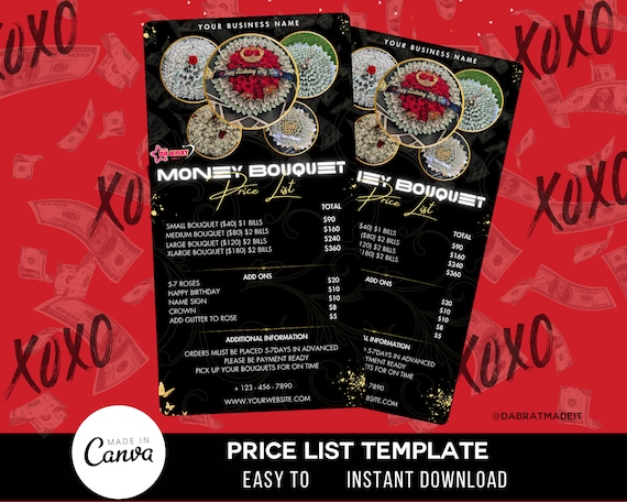 Money Bouquet Price List, DIY Flyer Template Design, Hair Pricing Flyer, Pricelist Flyer, Pricing Guide Sheet, Nails Flyer, Canva template