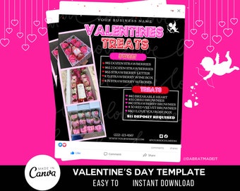 Strawberries Flyer, Editable Flyer Template, Valentine's Day Sweet Treats Menu, Dessert Menu, Sweet Treats Price List, Valentine's Day Sale