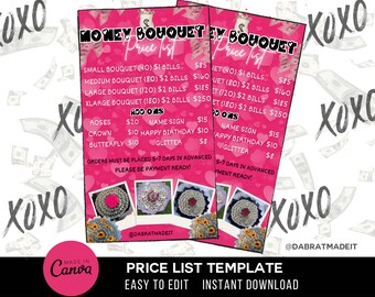 Money Bouquet Price List, DIY Flyer Template Design, Pricing Flyer, Pricelist Flyer, Pricing Guide Sheet, Nails Flyer, Canva template
