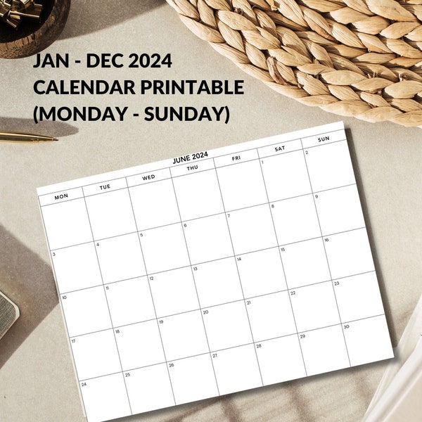 Printable 2024 Calendar - Monday through Sunday, Simple Design