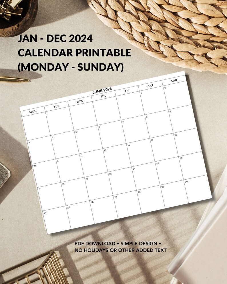 Printable 2024 Calendar Monday Through Sunday, Simple Design Etsy
