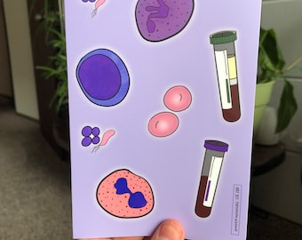 May include: A sheet of stickers with illustrations of blood cells, bacteria, and test tubes. The stickers are on a light purple background. The text on the sticker reads "All by TheHumanKenne".
