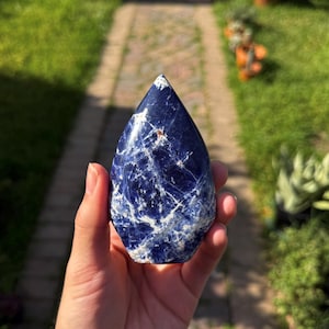 May include: A teardrop-shaped sodalite gemstone, predominantly deep blue with white veining. The polished stone is held in a hand, showcasing its natural patterns and textures. The background features a brick pathway and green grass.
