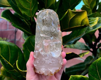 River Quartz w/ Calcite Guan Yin Crystal Carving - Water Clear Clarity (2lbs)