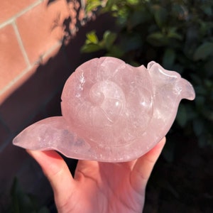 May include: A pink rose quartz snail sculpture. The snail is carved from a single piece of rose quartz and has a detailed shell and body.