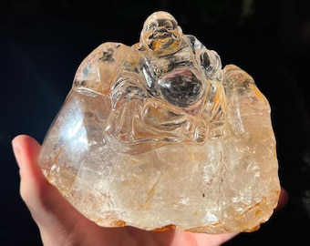 Clear Quartz Laughing Buddha Crystal Statue - Gem Grade (2.46lbs)