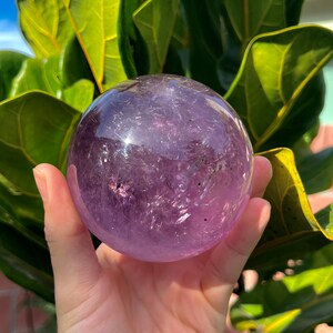 May include: A large, purple amethyst sphere with a smooth, polished surface. The sphere is held in a hand, with green leaves in the background.