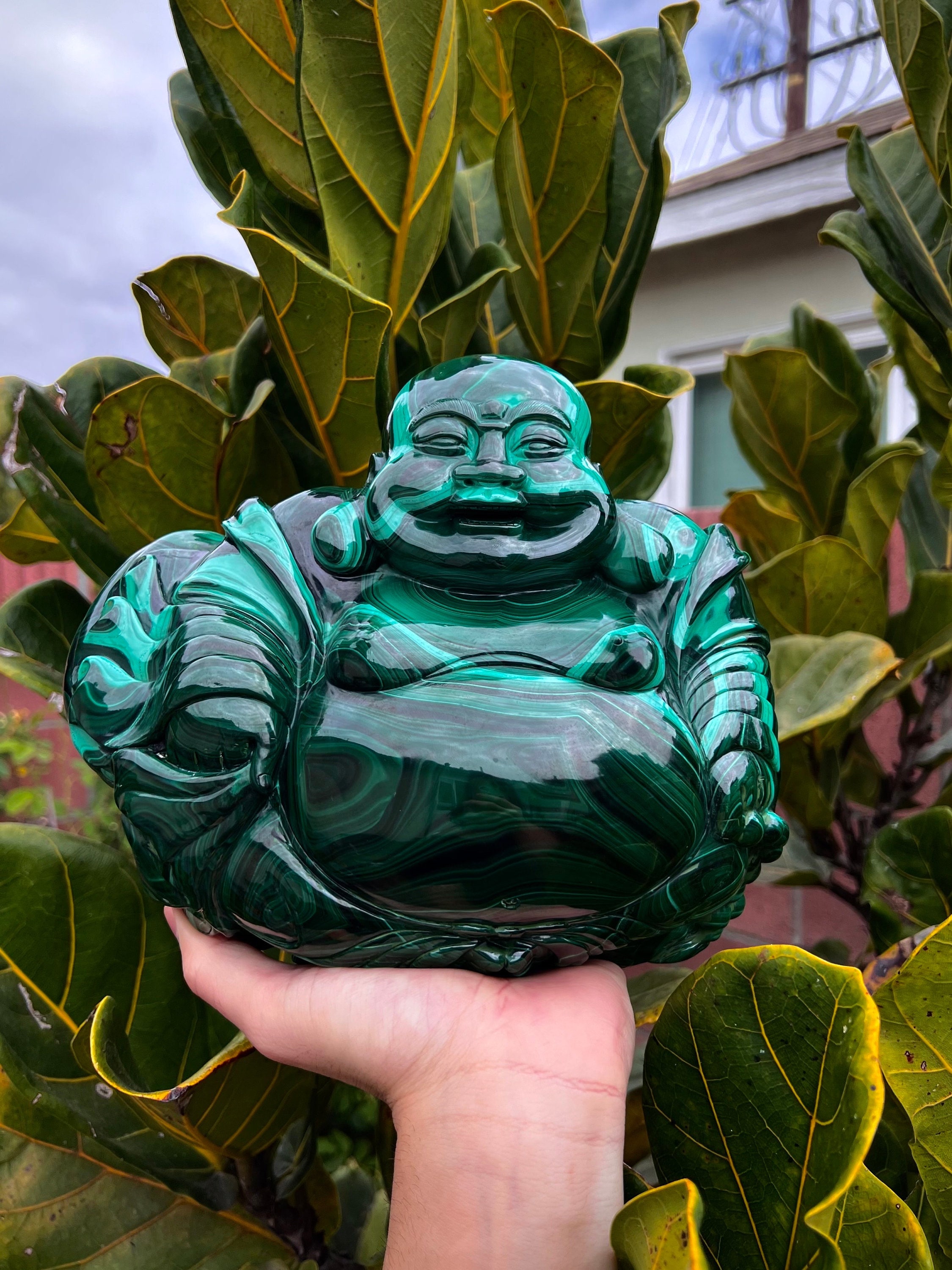 Malachite Laughing Buddha Statue - High Grade (14.2lbs) W/ Wooden