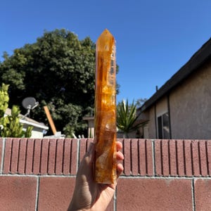 May include: A tall, amber-colored crystal point held against a blue sky. The crystal is rectangular with a pointed top and has a translucent quality. The background includes a brick wall, trees, and a house.