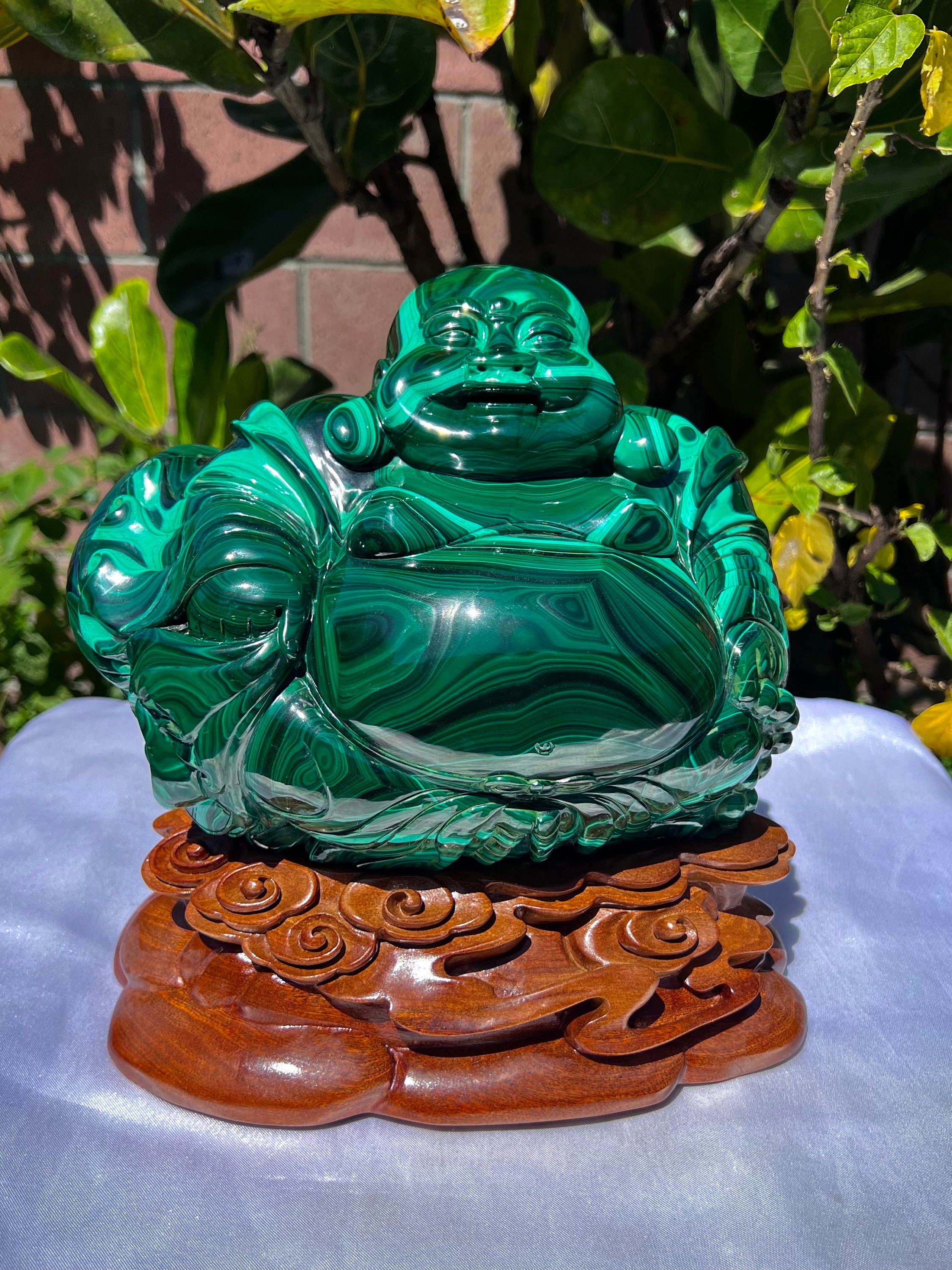 Malachite Laughing Buddha Statue - High Grade (14.2lbs) W/ Wooden