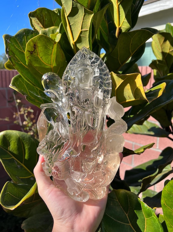 天然シトリン観音像 仏像彫刻 天然石製 シトリン 黄水晶 観音菩薩 台座付き 13cm : 横浜