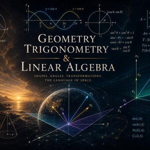 May include: A dark poster featuring the text Geometry Trigonometry & Linear Algebra Shapes, Angles, Transformations, The Language of Space. It displays mathematical diagrams, including sine waves, circles, triangles, matrices, and 3D vector graphs.